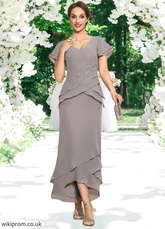Cheryl Sheath/Column V-neck Asymmetrical Chiffon Mother of the Bride Dress With Appliques Lace Cascading Ruffles SWK126P0014617