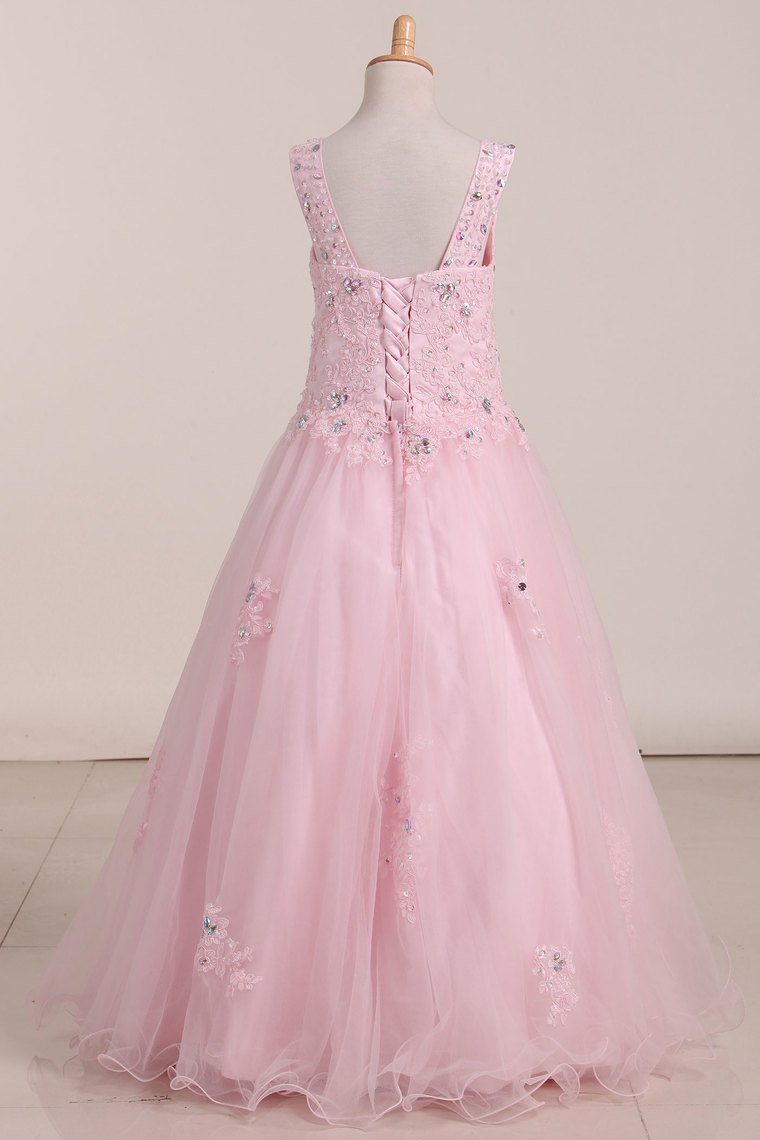 Flower Girl Dresses Tulle Straps With Beads And Applique Floor Length