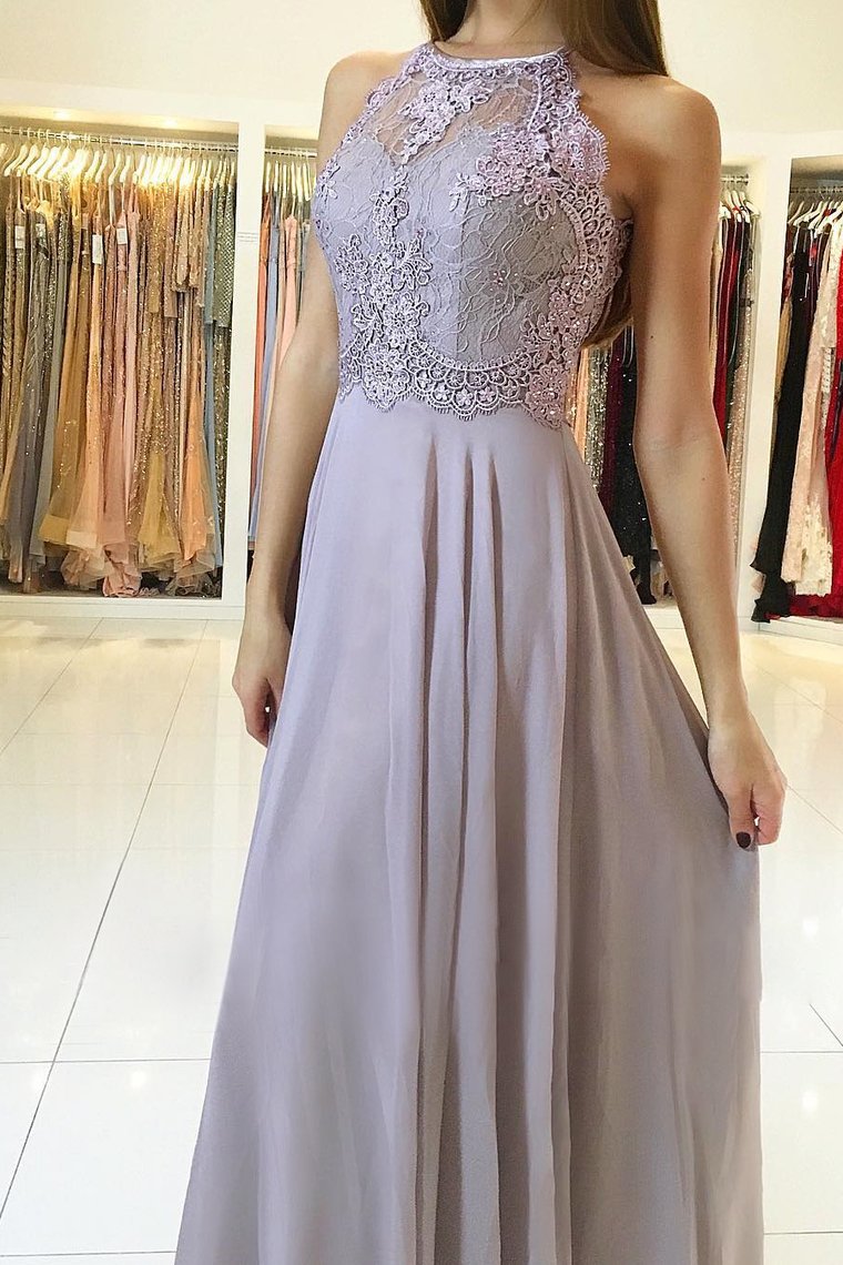Halter Chiffon Prom Dresses A Line With Applique And Beads
