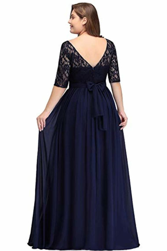 Plus Size Lace Chiffon With Half Sleeves Elegant Long Ball Evening  Dress
