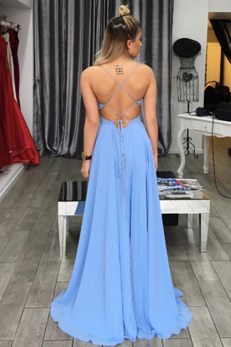Chiffon Spaghetti Straps A Line Prom Dresses With Slit Open Back