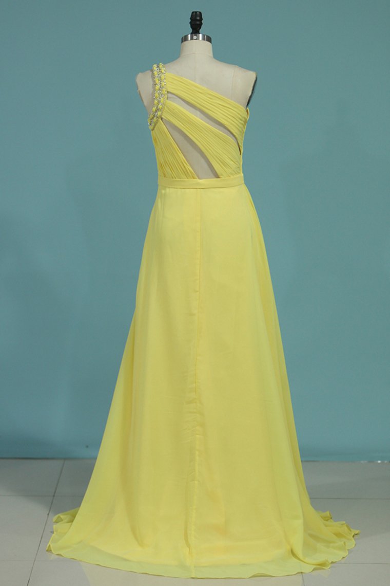 Chiffon A Line One Shoulder With Ruffles And Beads Prom Dresses
