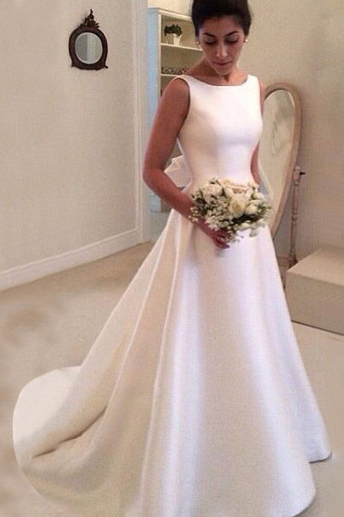 White satin round neck bowknot backless train wedding dress handmade dresses WK283