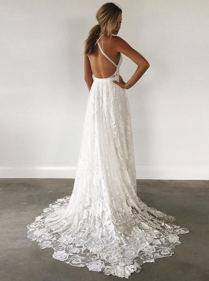 Charming Lace Long A-line Spaghetti Straps Ivory V-Neck Beach Wedding Dress WK416