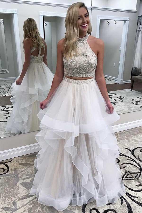 A line Ivory Beads Halter Ruffles Prom Dresses Long Open Back Party Dresses WK693