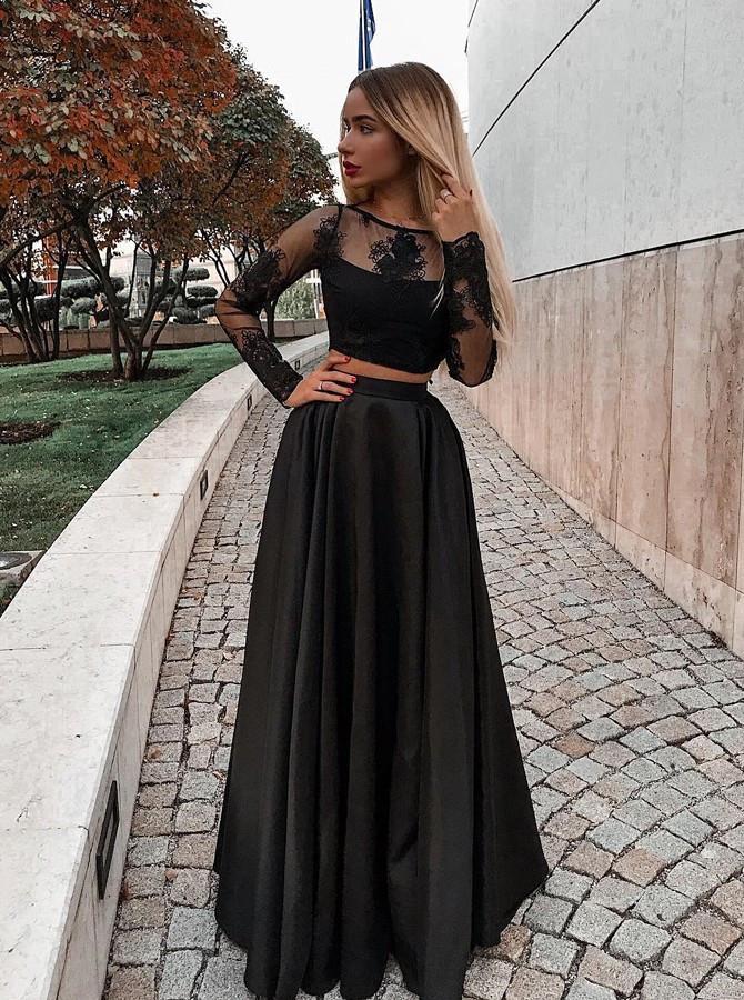 Two Piece Black Long Sleeve Scoop Jewel Appliques Prom Dresses with Satin WK683