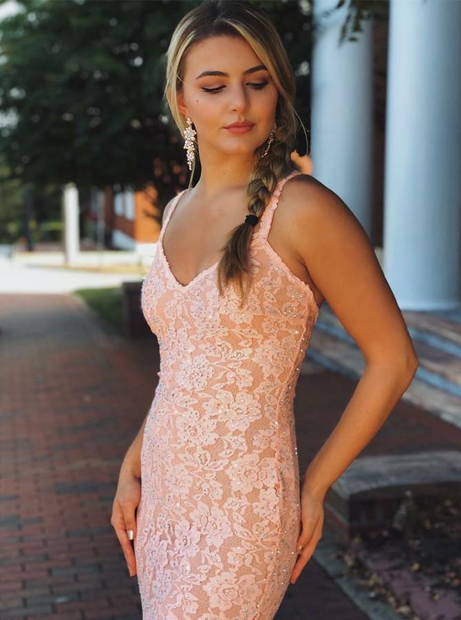 Sexy Blush Pink Mermaid Lace V Neck Prom Dresses with Beading Party Dresses WK728
