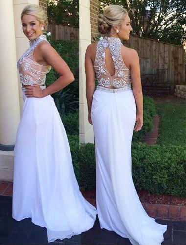 Fabulous Two Piece High Neck Mermaid White Prom Dress with Beading Open Back WK606