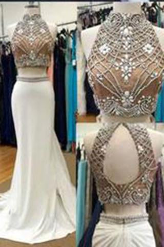 Fabulous Two Piece High Neck Mermaid White Prom Dress with Beading Open Back WK606