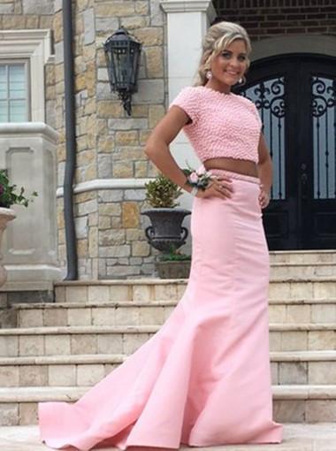 New Arrival 2 Piece Sweep Train Pearl Pink Prom Dress with Pearl Open Back WK600