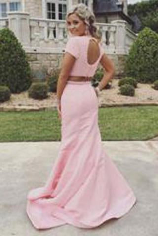 New Arrival 2 Piece Sweep Train Pearl Pink Prom Dress with Pearl Open Back WK600