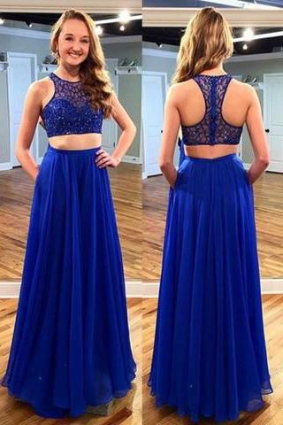 Stunning Two Piece Jewel Sleeveless Floor-Length Royal Blue Prom Dress with Beading WK598