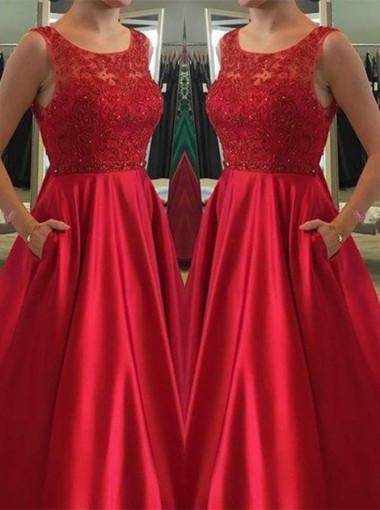 Elegant Jewel Sleeveless Floor-Length Red Beads Open Back Pockets Prom Dresses WK589