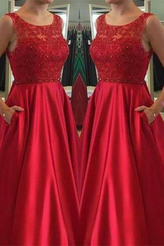 Elegant Jewel Sleeveless Floor-Length Red Beads Open Back Pockets Prom Dresses WK589