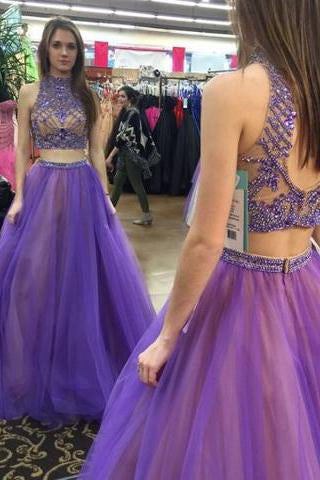 Stylish Two Piece High Neck Floor-Length Prom Dress with Beading Open Back WK587
