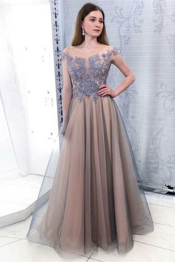 Elegant Off Shoulder Sleeveless Floor Length Lace Prom Dresses with Appliques WK473