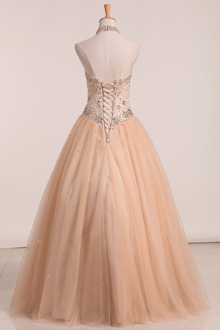 New Arrival Halter Quinceanera Dresses A Line Tulle With Beading