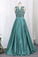 A Line Prom Dresses Satin Scoop With Applique Sweep Train