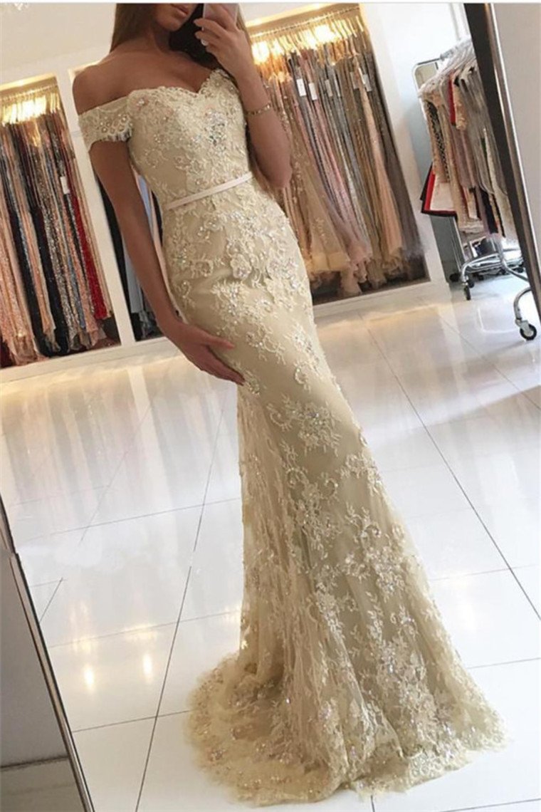 Prom Dresses Off The Shoulder Lace With Beads And Sash Mermaid