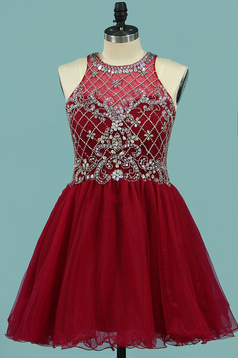 Scoop Homecoming Dresses A Line Tulle With Beading Short/Mini