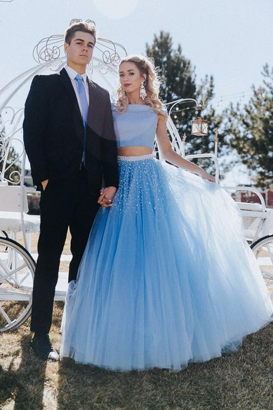 Unique A Line Off the Shoulder Two Piece Blue Tulle Prom Dresses with Beading WK407