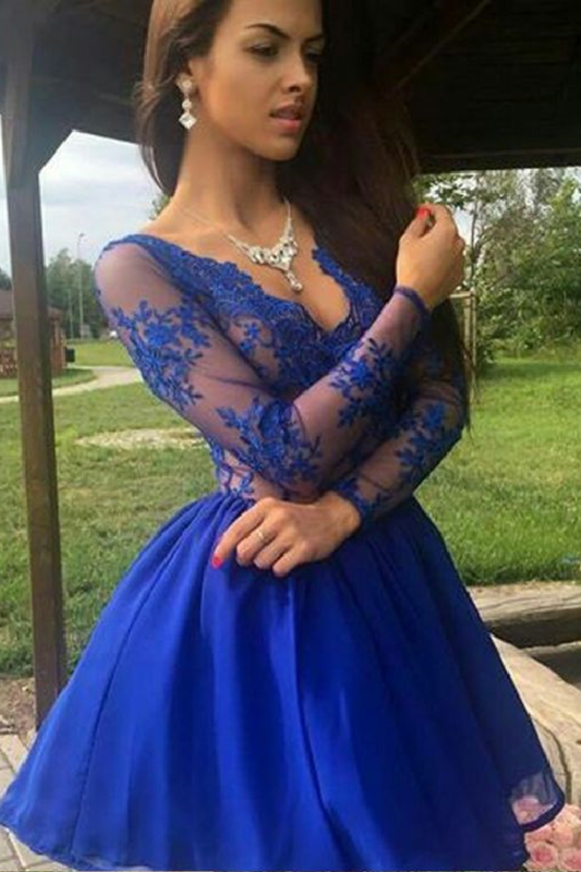 A Line V Neck Long Sleeves Homecoming Dresses Chiffon With Applique