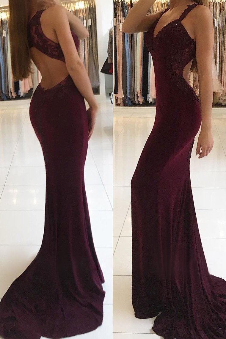 Spandex Straps Mermaid Prom Dresses With Applique Open Back