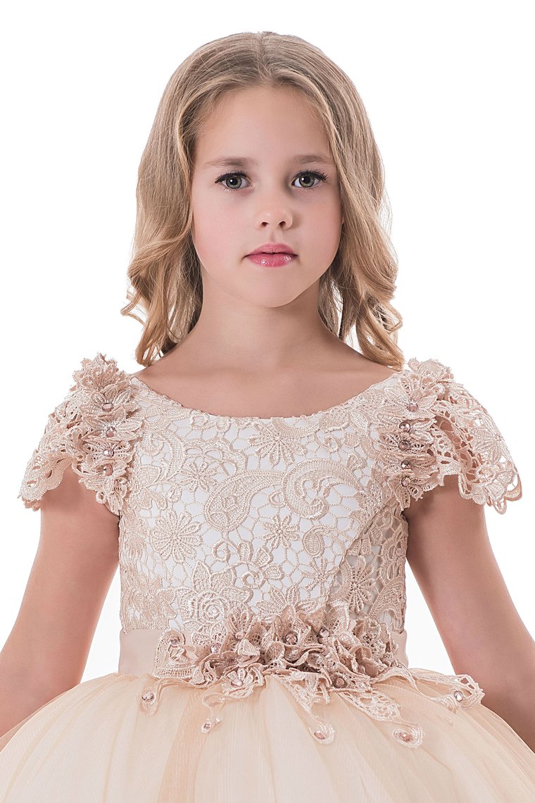 Ball Gown Flower Girl Dresses Scoop Short Sleeves Tulle With Applique