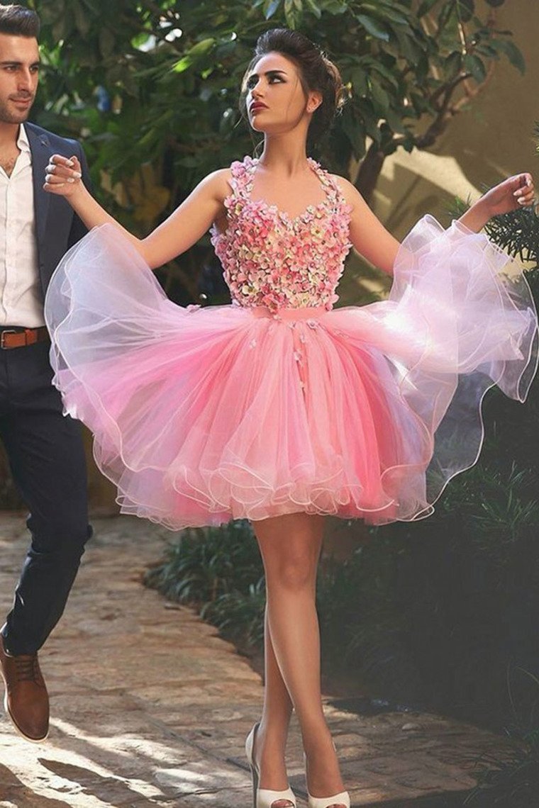 Straps Homecoming Dresses A Line Tulle With Handmade Flowers