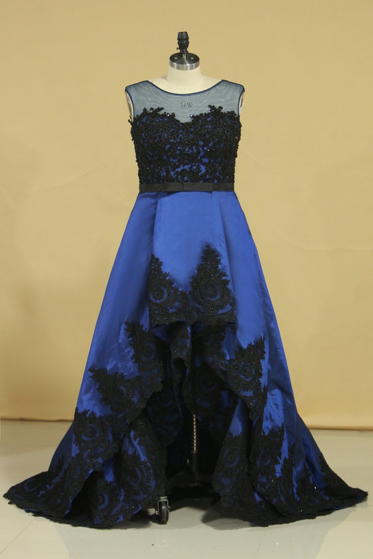 Plus Size Asymmetrical Bateau Prom Dresses Taffeta With Applique And Sash Sweep Train Dark Royal Blue