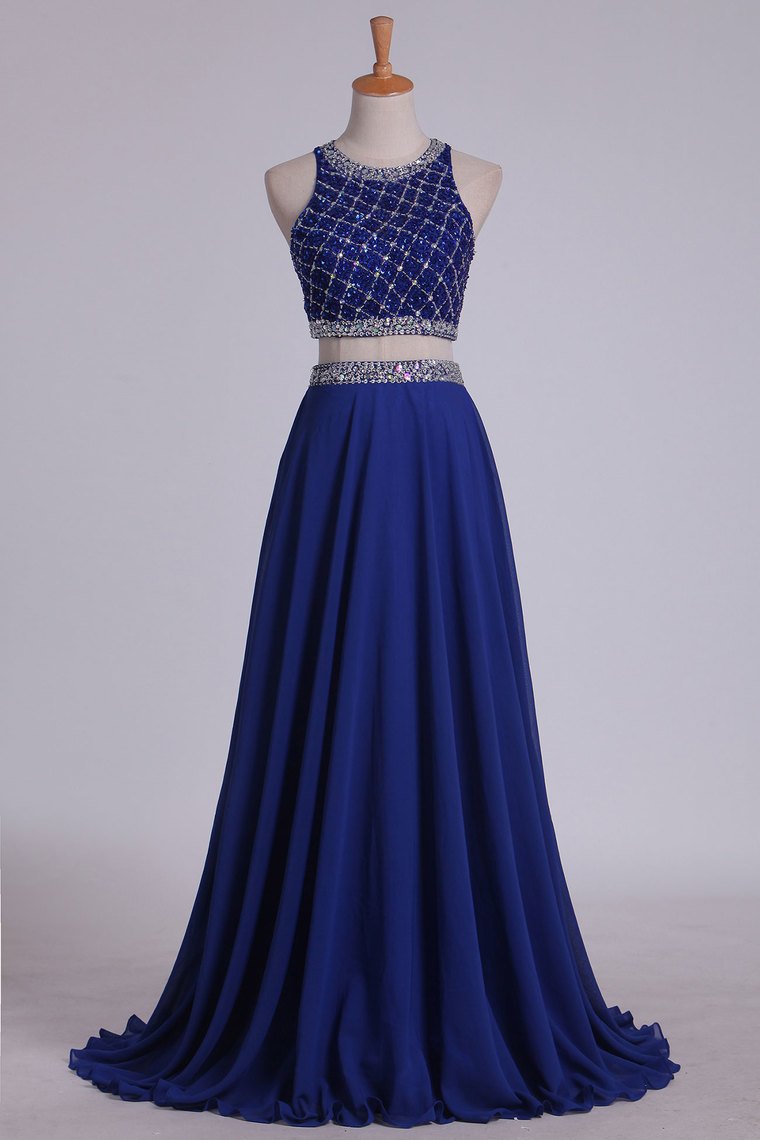 Two Pieces Bateau Open Back Prom Dresses A Line Chiffon & Tulle Dark Royal Blue