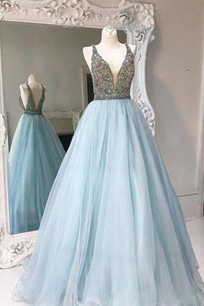Unique V-neck tulle sequin beading long prom gown evening dresses WK101