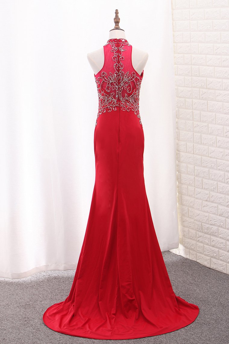 Mermaid Spandex High Neck Prom Dresses With Beading Sweep Train