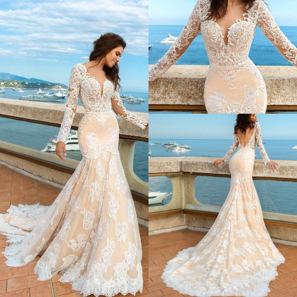 2024 White Lace Mermaid Deep V-Neck Backless Long Sleeve Wedding Dresses WK835