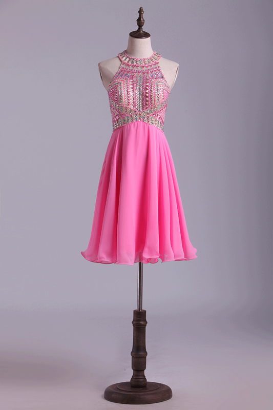Bicolor Halter Homecoming Dresses A Line Tulle & Chiffon Beaded Bodice