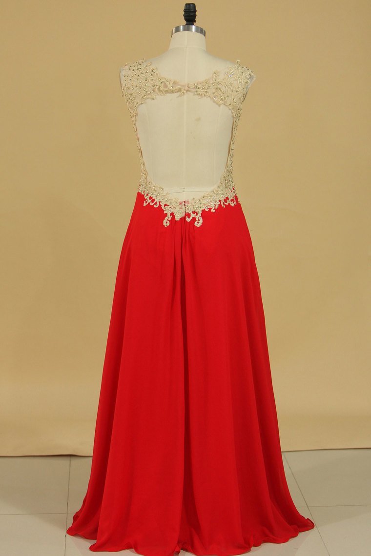 A Line Prom Dresses Straps Chiffon With Applique And Beads Open Back