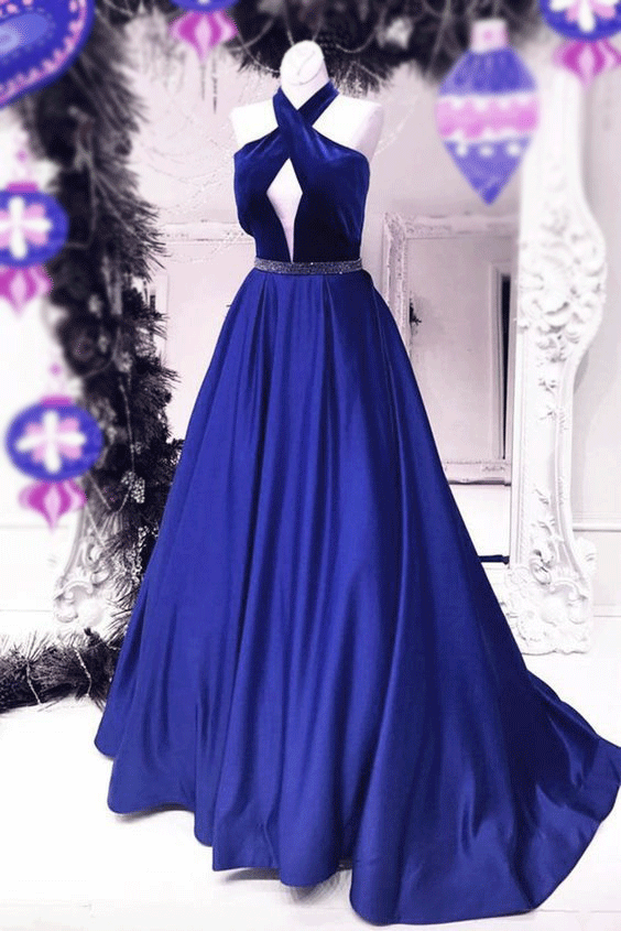 2024 Cheap Unique Royal Blue Charming Sexy Back Ball Gown Floor-Length Prom Dresses WK177