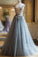 Beautiful Sheer Neck Long Tulle Prom Dress With Flowers, A Line Cap Sleeves Party Dresses