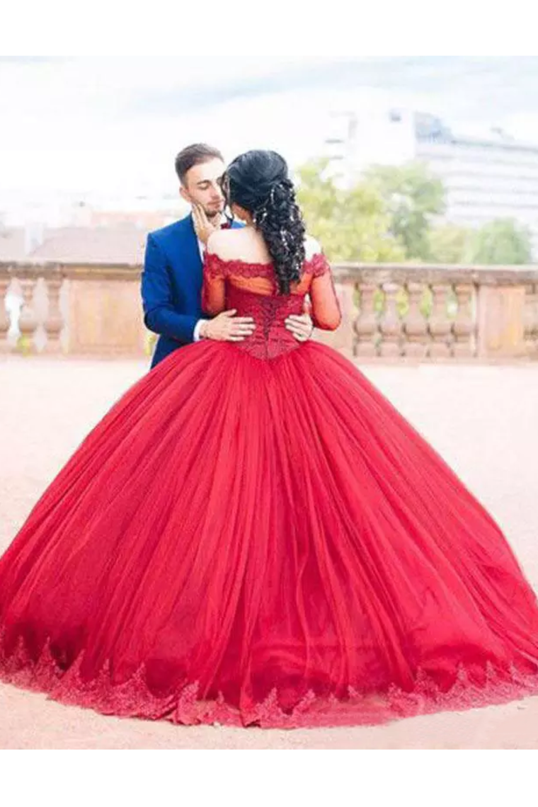 Long Sleeves Quinceanera Dresses Ball Gown Boat Neck With Applique Tulle