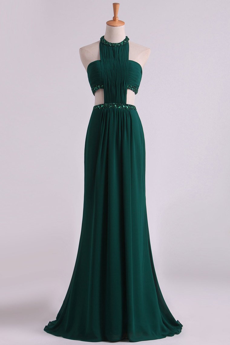 Sexy Open Back Prom Dresses Scoop Chiffon With Ruffles And Beads