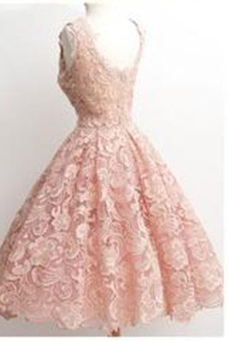 Vintage A-line Scalloped-Edge Knee-Length Lace Light Pink Prom Homecoming Dress WK874