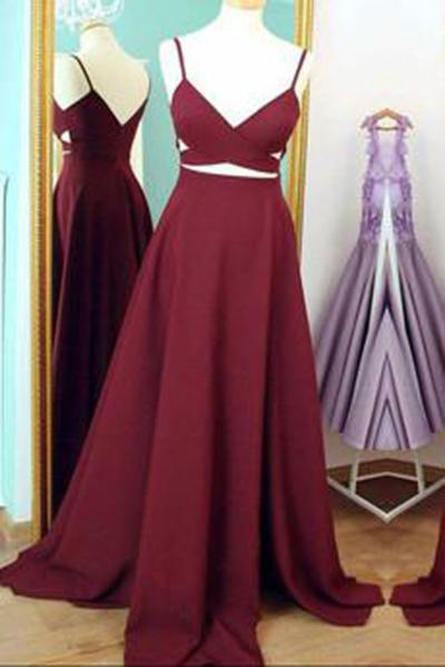 Two Piece Straps Long Prom Dress Evening Dress Spaghetti Straps Wine Red Prom Dresses WK159