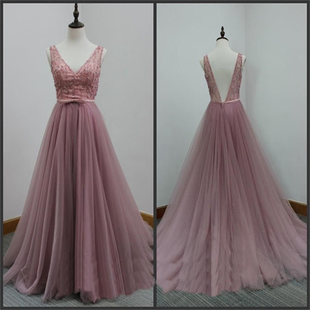 V-Back Tulle A-line Discount Party Cocktail Evening Long Prom Dresses Online PD0173