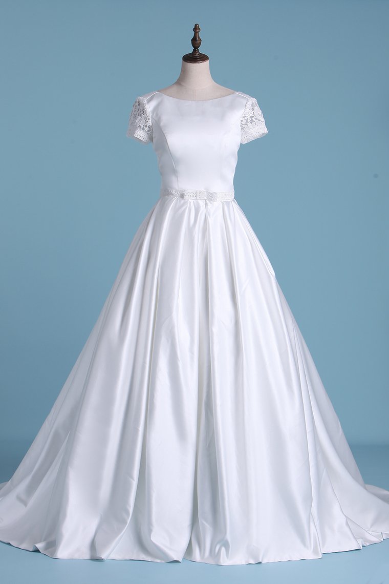 New Arrival Scoop Wedding Dresses A Line Short Sleeves Court Train Satin
