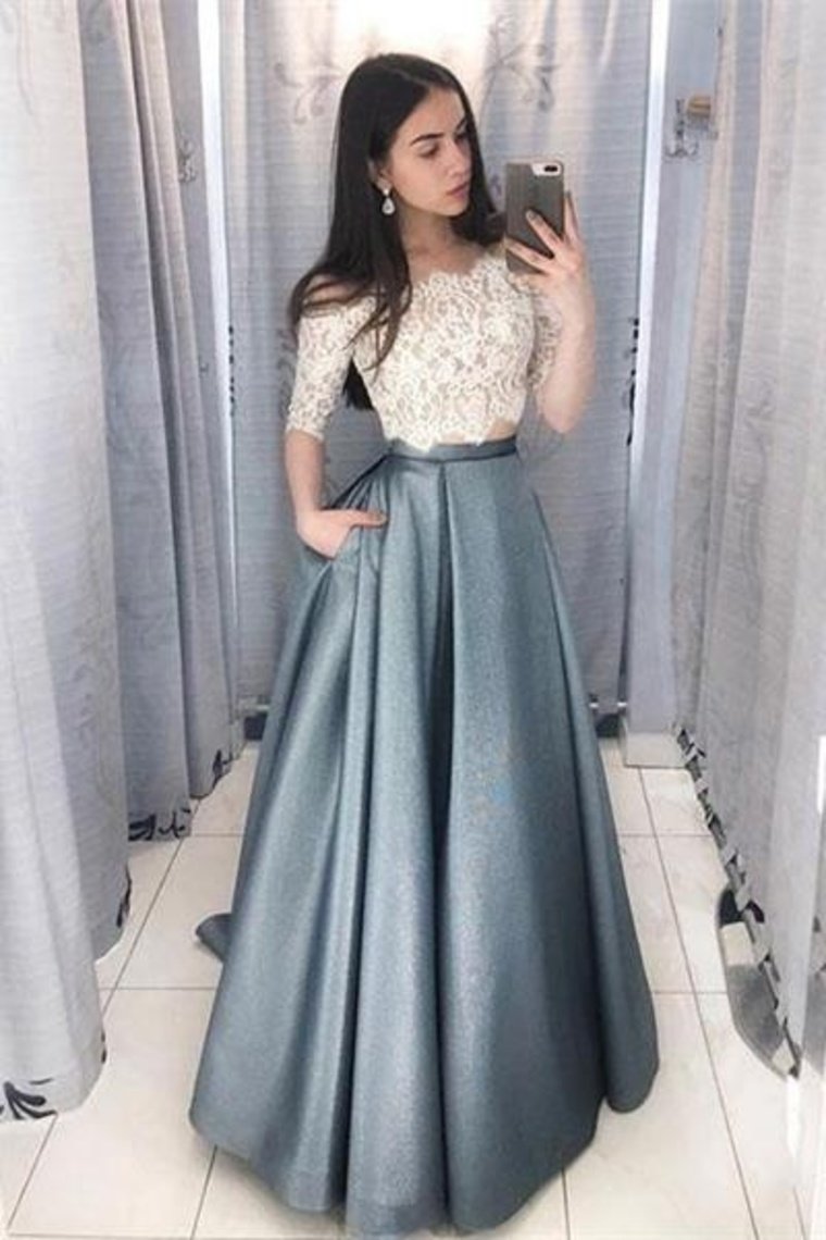 2 Pieces Long Lace Satin A-Line Elegant Prom Dresses For Teens