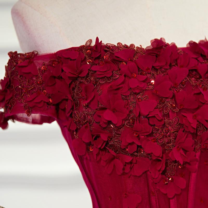 A-line Tulle Burgundy Short Sleeve Off-the-Shoulder Scoop Hand-Made Flower Prom Dresses WK776