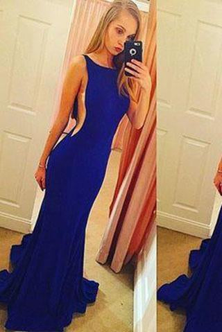 Backless Elegant Mermaid Royal Blue Scoop Sleeveless Sexy Evening Dresses For Teens WK37