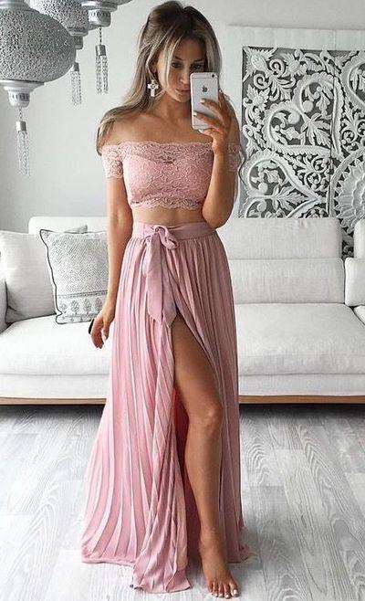 Two Piece Lace Top Off the Shoulder Short Sleeves Thigh-High Slit Sexy Evening Dresses WK84