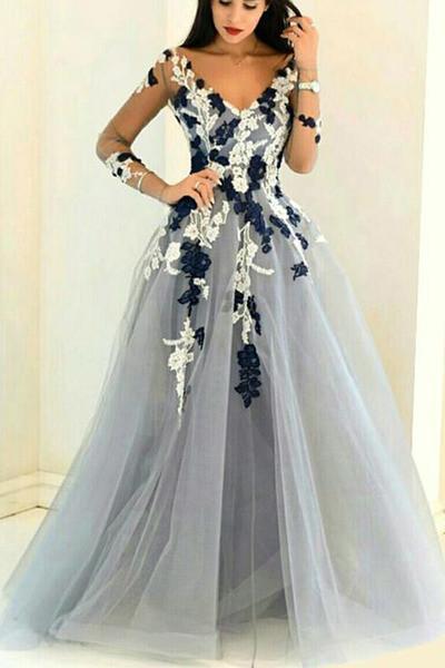 Gray organza V-neck long sleeves see-through handmade flowers A-line Prom Dresses WK353