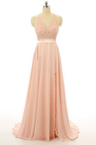 Peach Lace Backless Sexy Cheap V-Neck Halter Sleeveless A-Line Open Back Prom Dresses WK33